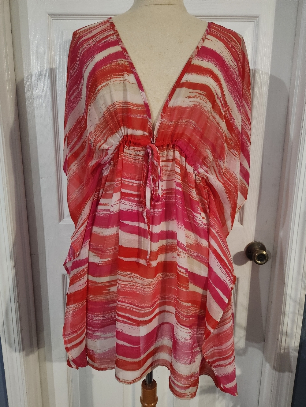 Chico's Pink, Coral, And White Brushstroke Tunic Bathing Suit Cover-up